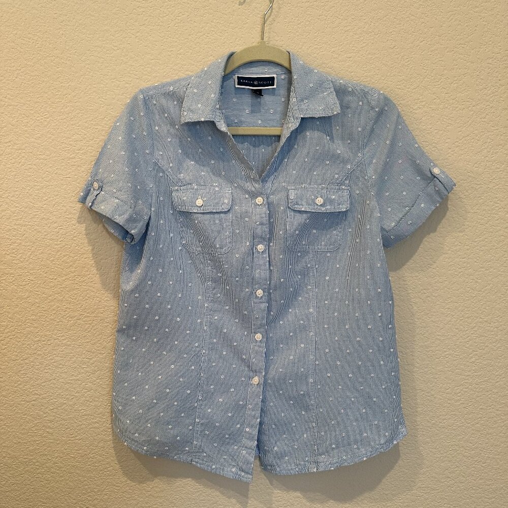 Karen Scott Blue and White Blouse with Polka Dot Detail